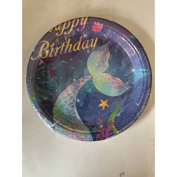9" Plates Mermaid 24ct - mermaid tail Happy Birthday paper plates